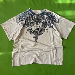Large Y2K Fallen Skull Sword Roses Graphic Shirt Men's White Blue Goth Rock Tee